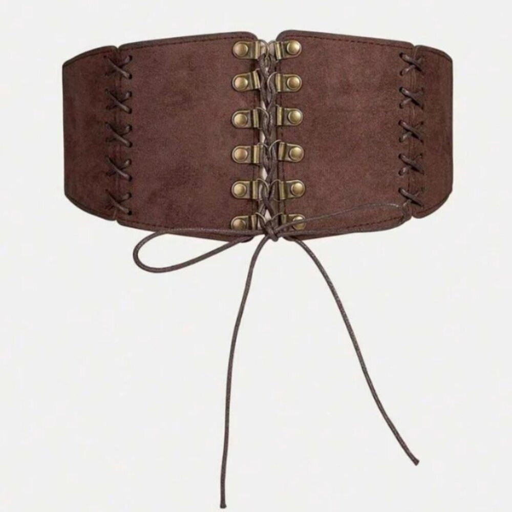 Womens Gothic Renaissance Wide Elastic Tie Faux Leather Belt Brown New